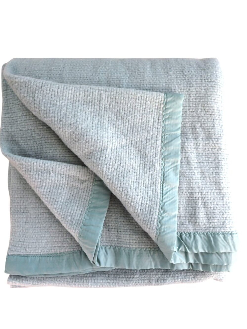 Vintage Waffle Weave Acrylic Blanket Satin Trim Twin Size Teal Blue Made in USA
